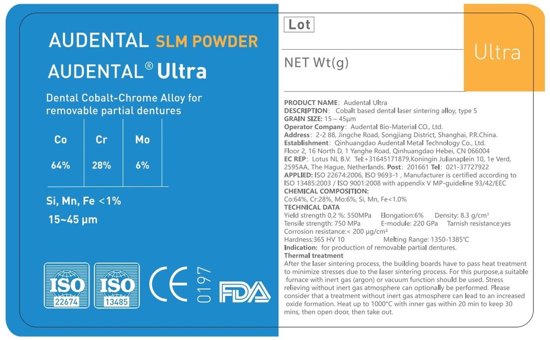 Audental Ultra SLM bột CoCrMo vật liệu cho CE FDA IdentAlloy Chứng nhận in kim loại 3D nha khoa